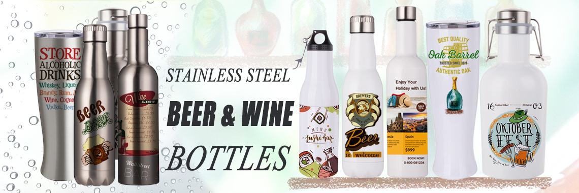 stainless steel bottle, stainless steel mug, beer bottle